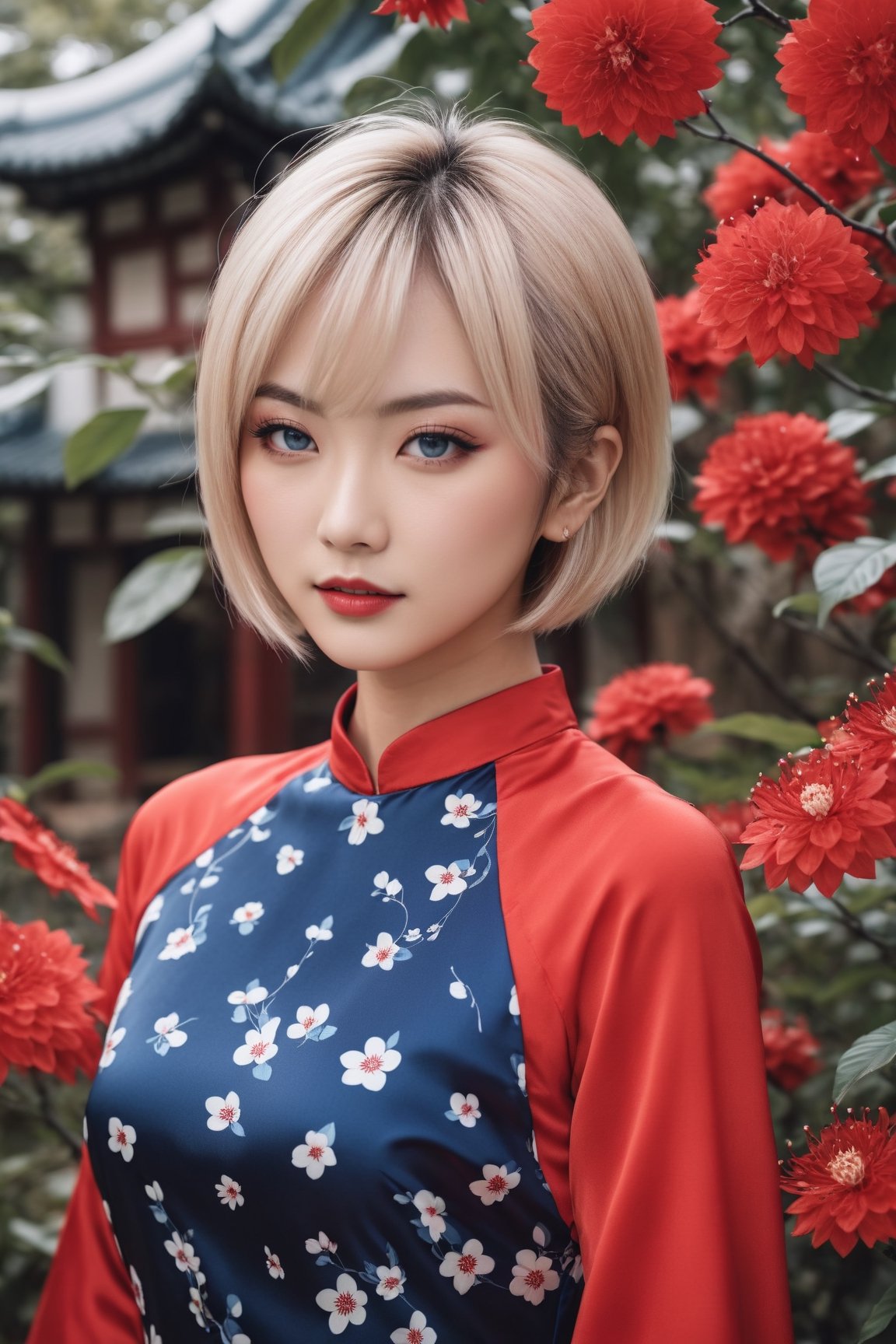 cinematic photo of Nasuki Yuuko young asian woman with short blonde hair, (blue eyes:1.4), wearing red aodaixl,surrounding is a garden. 35mm photograph, film, bokeh, professional, 4k, highly detailed, glossy lip,aodai,aodaixl