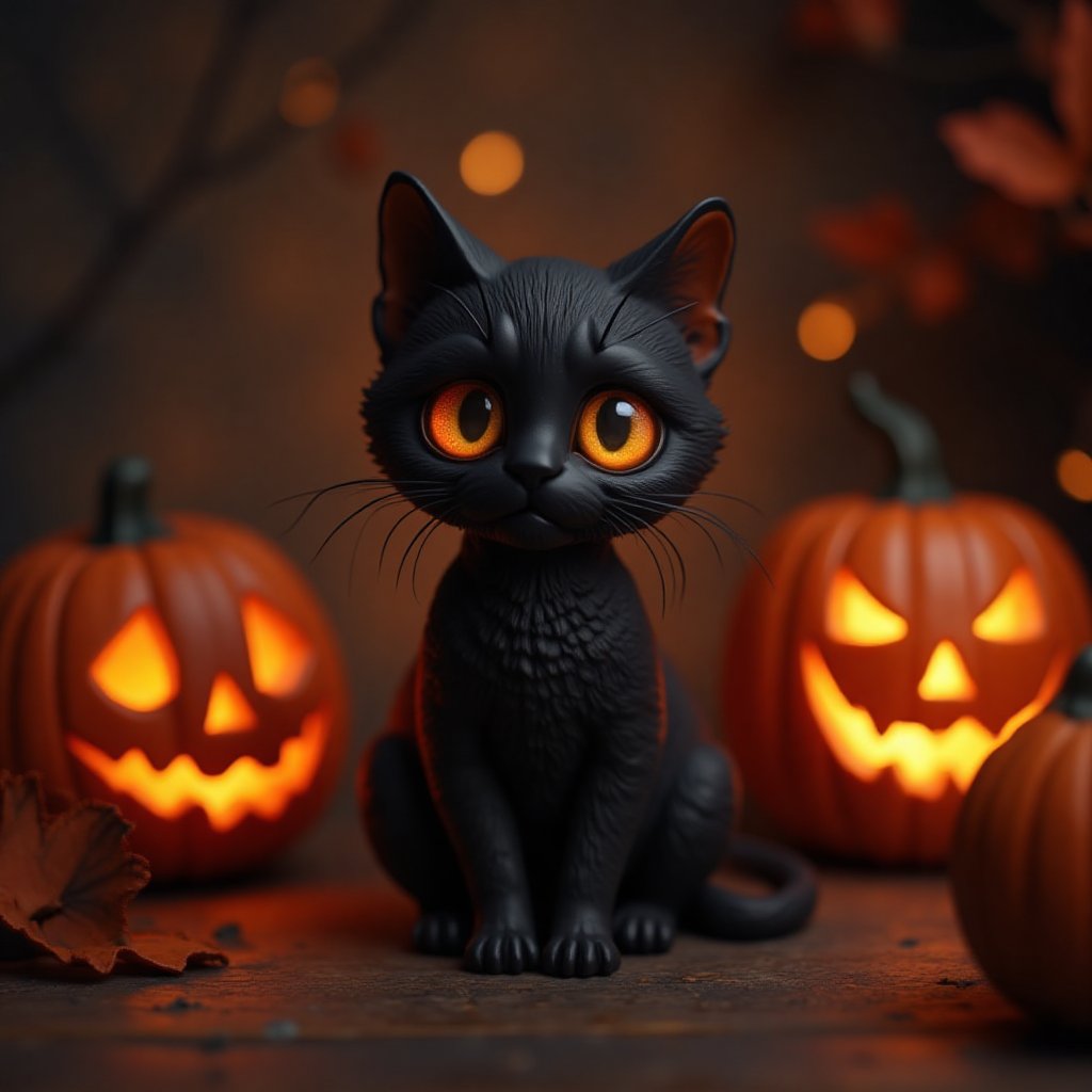 Black 
Cat sitting among pumpkins with eyes, background darkness lights,Highly detailed Halloween style figure