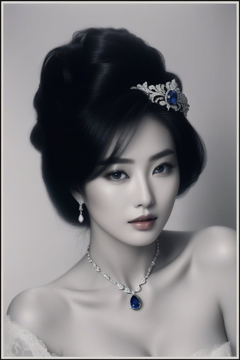 A photography of jewelry advertising photography, in which a japanese girl adorned with a necklace. She is wearing an elegant [train|gown] accentuating her perfect model body and busty breasts. The appearance is based on a 17-years-old ethereal breathtakingly beautiful japanese idol, with an ethereal beautiful face having v-shaped jawline, bright eyes, almond-shaped eyes, porcelain skin tone and translucent skin texture, black long hair cascading down to her chest. Youthful face elevates her beauty to the beyond words level. With the center of the necklace is an egg-size sapphire set off with diamond, the necklace is made of gol designed in rococo style, and it is a gift from an extremely wealthy royal family. hyperrealistic, award-winning photography, medium shot, raw photo, fujifilm velvia, vogue cover.