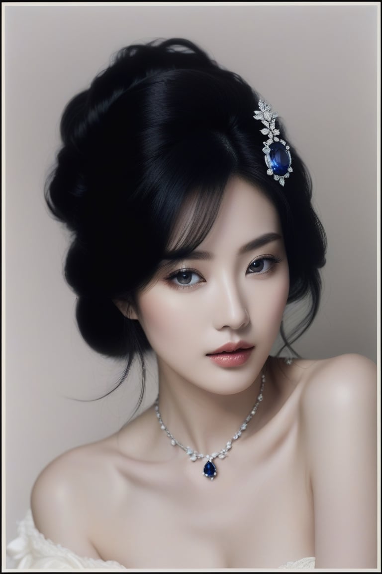 A photography of jewelry advertising photography, in which a japanese girl adorned with a necklace. She is wearing an elegant [train|gown] accentuating her perfect model body and busty breasts. The appearance is based on a 17-years-old ethereal breathtakingly beautiful japanese idol, with an ethereal beautiful face having v-shaped jawline, bright eyes, almond-shaped eyes, porcelain skin tone and translucent skin texture, black long hair cascading down to her chest. Youthful face elevates her beauty to the beyond words level. With the center of the necklace is an egg-size sapphire set off with diamond, the necklace is made of gol designed in rococo style, and it is a gift from an extremely wealthy royal family. hyperrealistic, award-winning photography, medium shot, raw photo, fujifilm velvia, vogue cover.