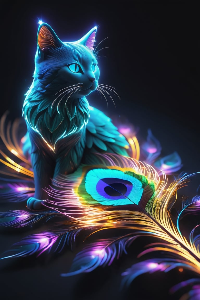 (Fractal isometric detailed bioluminescence with neon, open peacock feather, cat turned goddess, balanced contrast of light and dark, dazzling background), detailed texture, high quality, high resolution, high precision , realism, color correction, proper lighting settings, harmony composition, Behance works, neon style,galaxy00