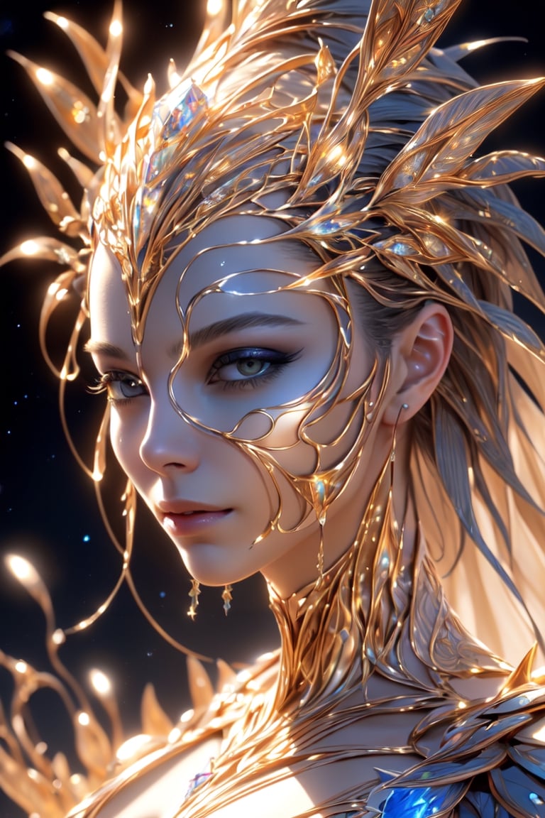 (Visionary art inspired by Alex Gray, shadow and light, women and plants, crystal glass and metal, beautiful pieces never seen before, close-up), Unreal Engine, octane rendering, high quality, high resolution, high precision, realistic, color correction, good lighting settings, low noise, sharp edges, harmonious composition,High detailed ,1 girl,glowing forehead,beautyniji,