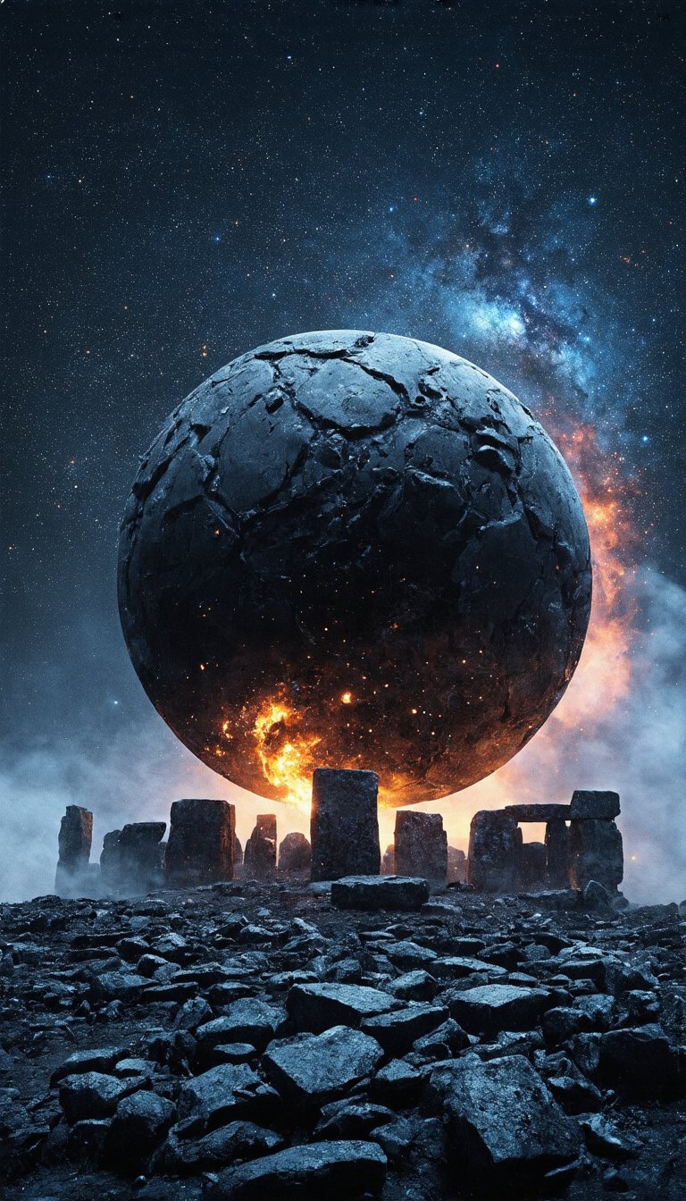 (A scene depicting Stonehenge composed of smooth black stones,  with a central black orb cradling the Milky Way,  set agai...