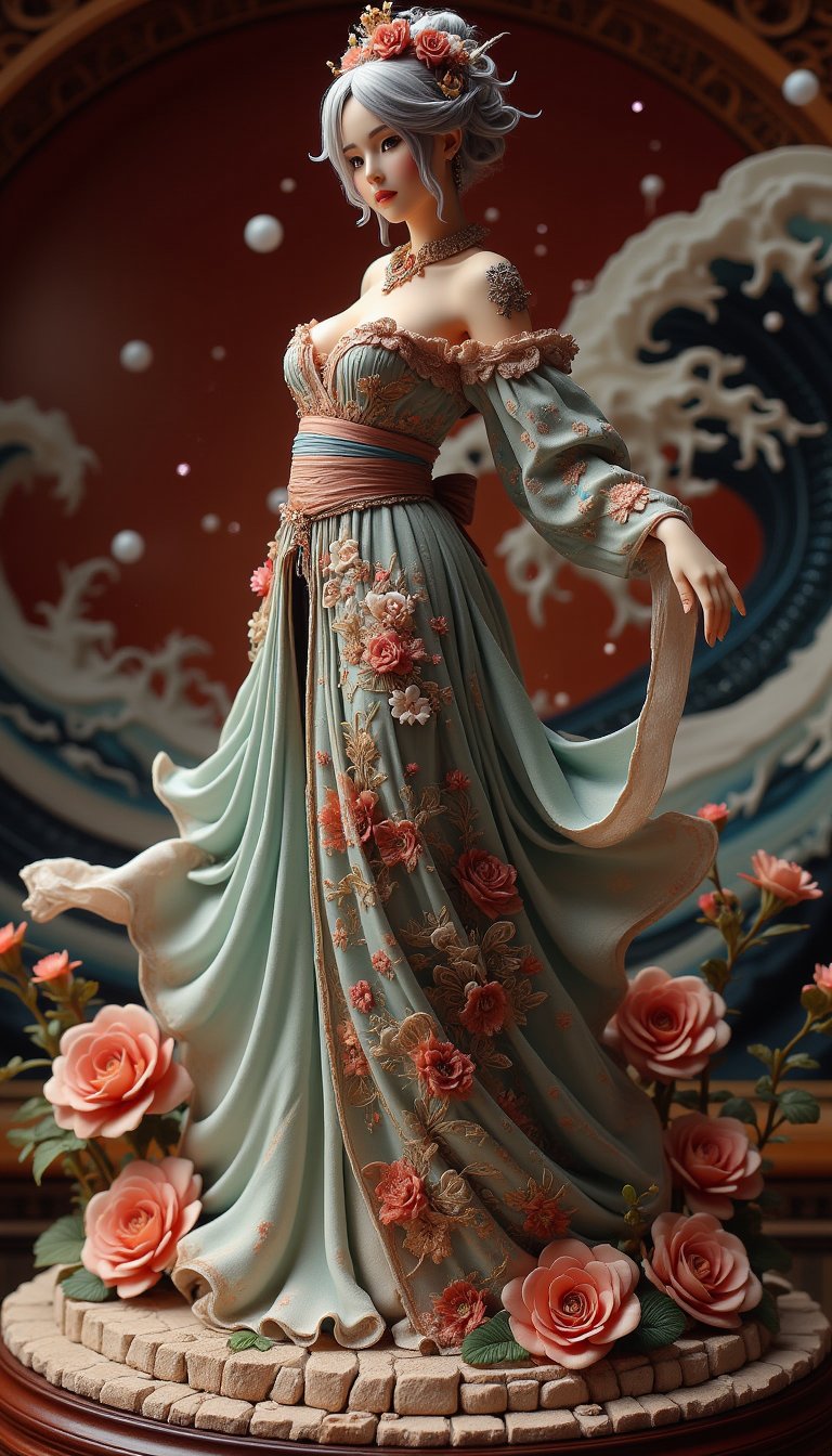 Fusion design of Katsushika Hokusai and Mark Ryden. An elaborate figure diorama of a beautiful model of the brand "Dior". The pose and background match the theme of the brand perfectly. Add vivid colors and cinematic lighting effects.,create figure 2,VNS_Add more details