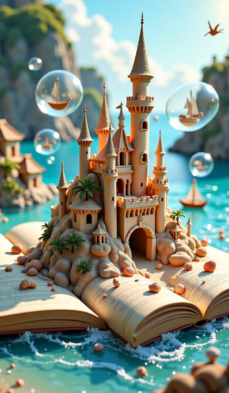 Highly detailed fantasy scene featuring a magical sandcastle rising from an open storybook. The sandcastle has intricate t...
