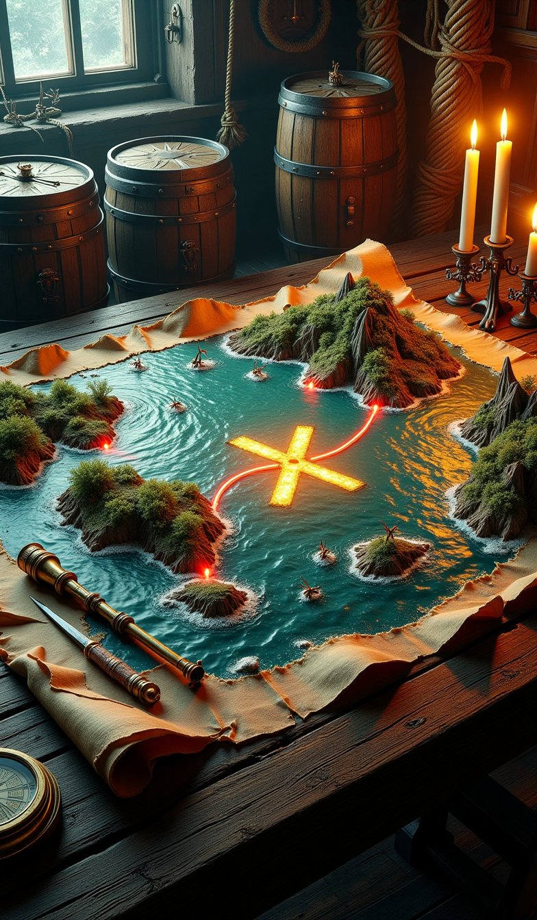 Detailed 3D representation of an ancient pirate map from the Age of Exploration. The map is spread out on a wooden table with nautical tools like a brass compass, old-fashioned telescope, and a quill. The ocean areas are slightly raised, showing waves and currents with stunning details, while islands are carved out with lush greenery and mountains. Treasure routes are marked with vivid red lines, leading to a prominent "X" marked in gold, glittering under the warm glow of candlelight. The map is surrounded by old parchment edges, weathered and tattered, with a slight sepia tone. The background is a dimly lit pirate's cabin, filled with barrels, ropes, and other maritime artifacts,pirateskullXthejaa