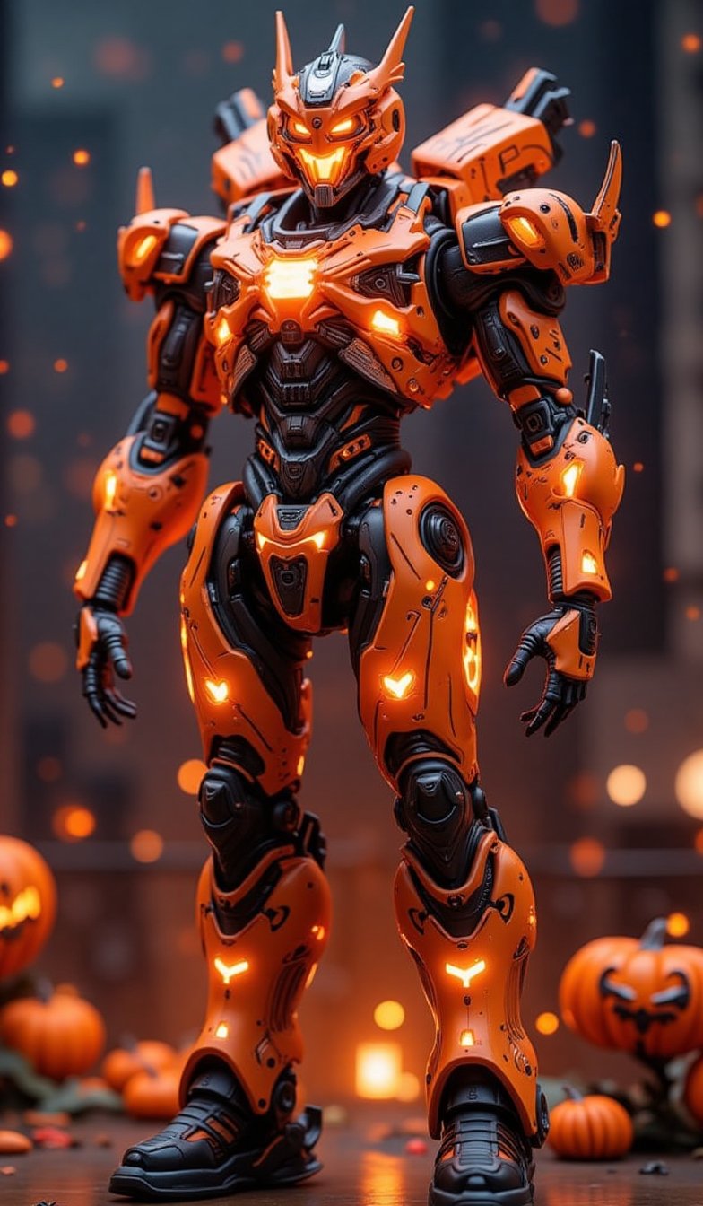 Mobile suit, Halloween pumpkin coloring, unique design like no other, 🎃, LED light outlines on each joint, background of futuristic city night view, Halloween_Figure