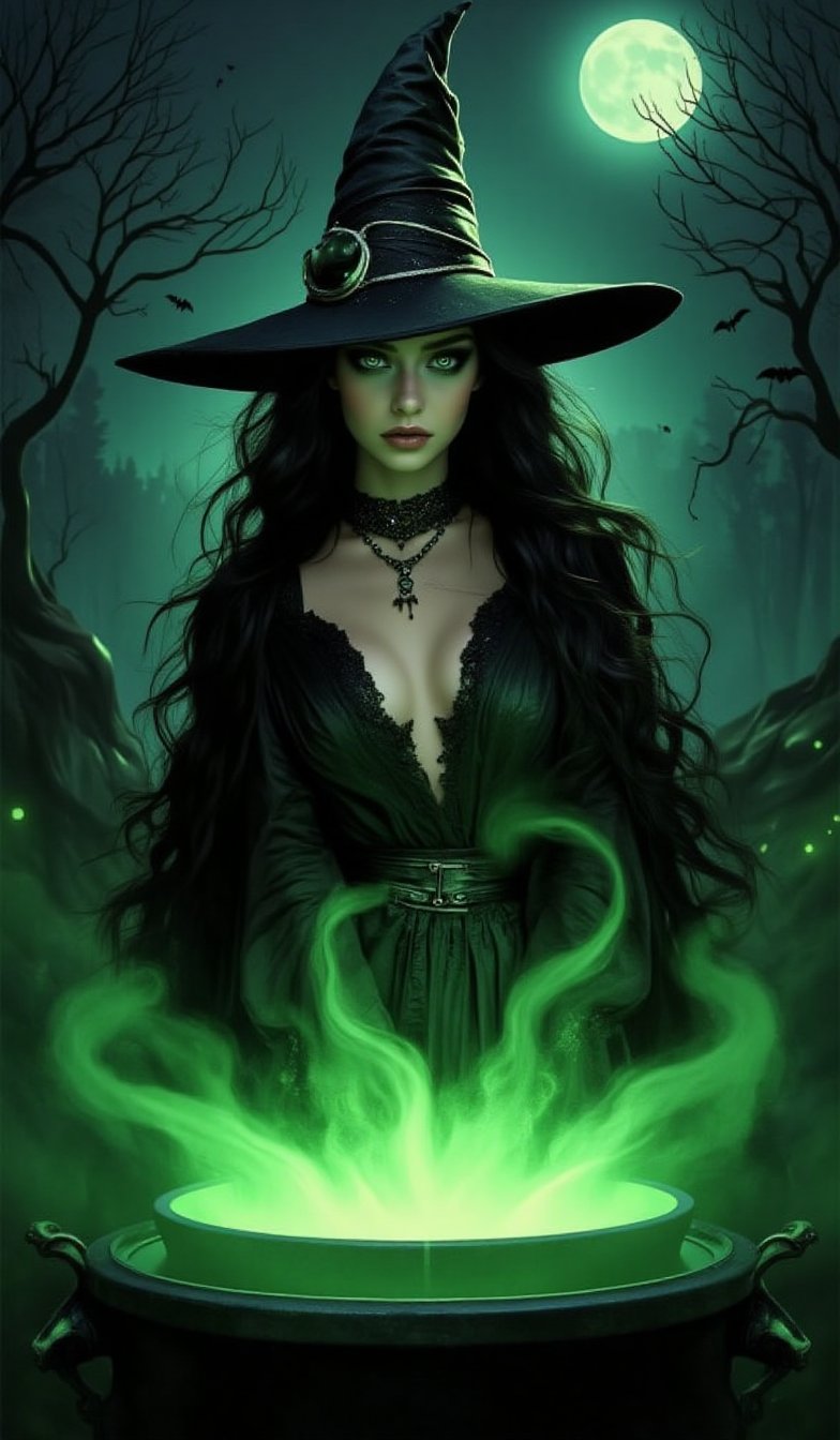 Witch-themed Halloween makeup look, focusing on dramatic eyes and green-tinted skin. The model has long flowing black hair, a pointed witch's hat, and glowing eyes. Her makeup is smoky and dark, with green hues around her eyes and sharp contouring. She is standing in front of a cauldron, with glowing green mist rising from it. The background features a spooky forest with twisted trees, bats flying in the night sky, and a full moon casting eerie shadows. The mood is dark, magical, and a little sinister.VNS_Add more details,Halloween makeup,cool_Anime