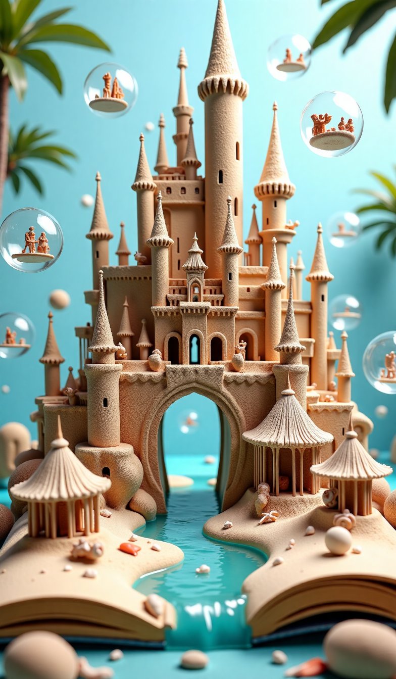 Highly detailed fantasy scene featuring a magical sandcastle rising from an open storybook. The sandcastle has intricate t...