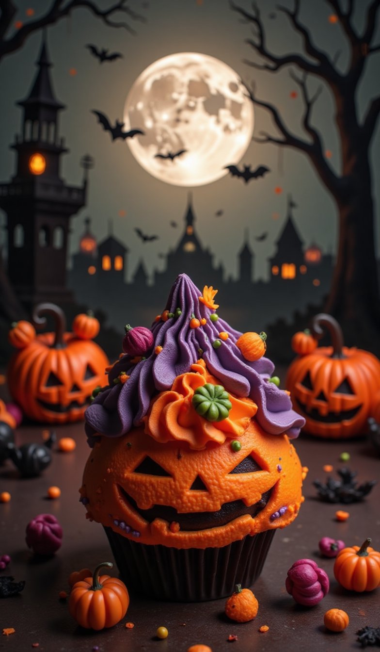 Dark chocolate-based cupcake is placed in a dark Halloween atmosphere. Bright purple and orange cream is swirled on top of the cupcake, some of which are accented with green lines. Small orange pumpkin decorations are scattered around the cupcake. Several jack-o'-lanterns are placed in the background, with spider webs and Halloween decorations hanging behind them. A full moon is visible, and silhouettes of bats are flying. The overall color scheme is dark, with weak moonlight, making the cupcake and pumpkin stand out. Photographic details emphasize the contrast of light and shadow. The background is a spooky atmosphere with dark gray and black tones. The focus is on the details of the jack-o'-lantern, and the face is designed to be a little scary but also cute.Halloween_Figure,VNS_Add more details