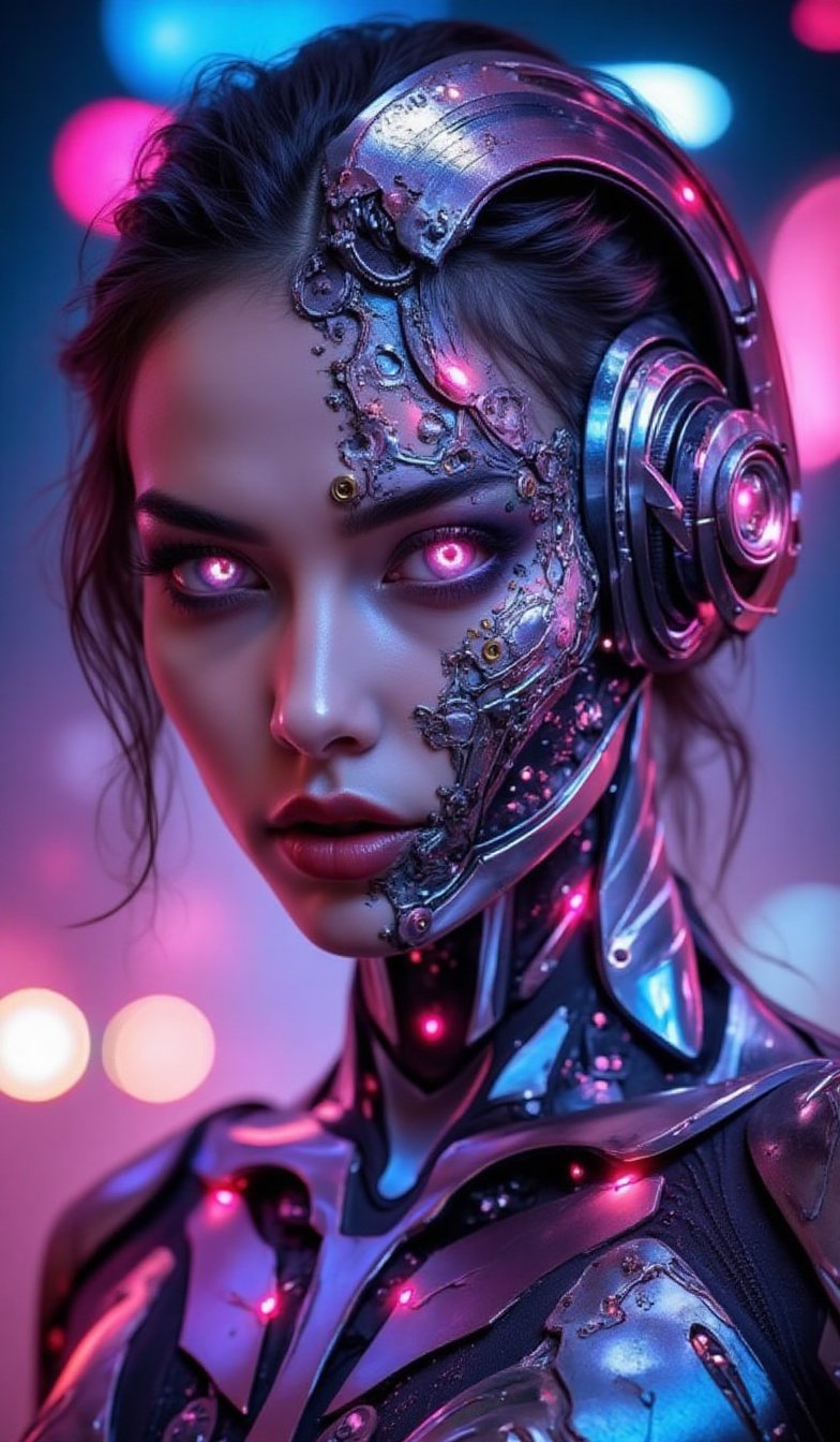 Futuristic Halloween makeup look resembling an android or cyborg. The model’s face is partially painted to look like metal, with visible gears, circuits, and glowing blue eyes. Half of the face shows smooth human skin with detailed makeup, while the other half appears robotic with chrome-like textures and LED lights embedded into the skin. The background is a high-tech, neon-lit cityscape with holograms floating in the air. The lighting is sharp, with neon purple, blue, and pink hues reflecting off the metallic elements of the makeup.VNS_Add more details,Halloween makeup,cool_Anime