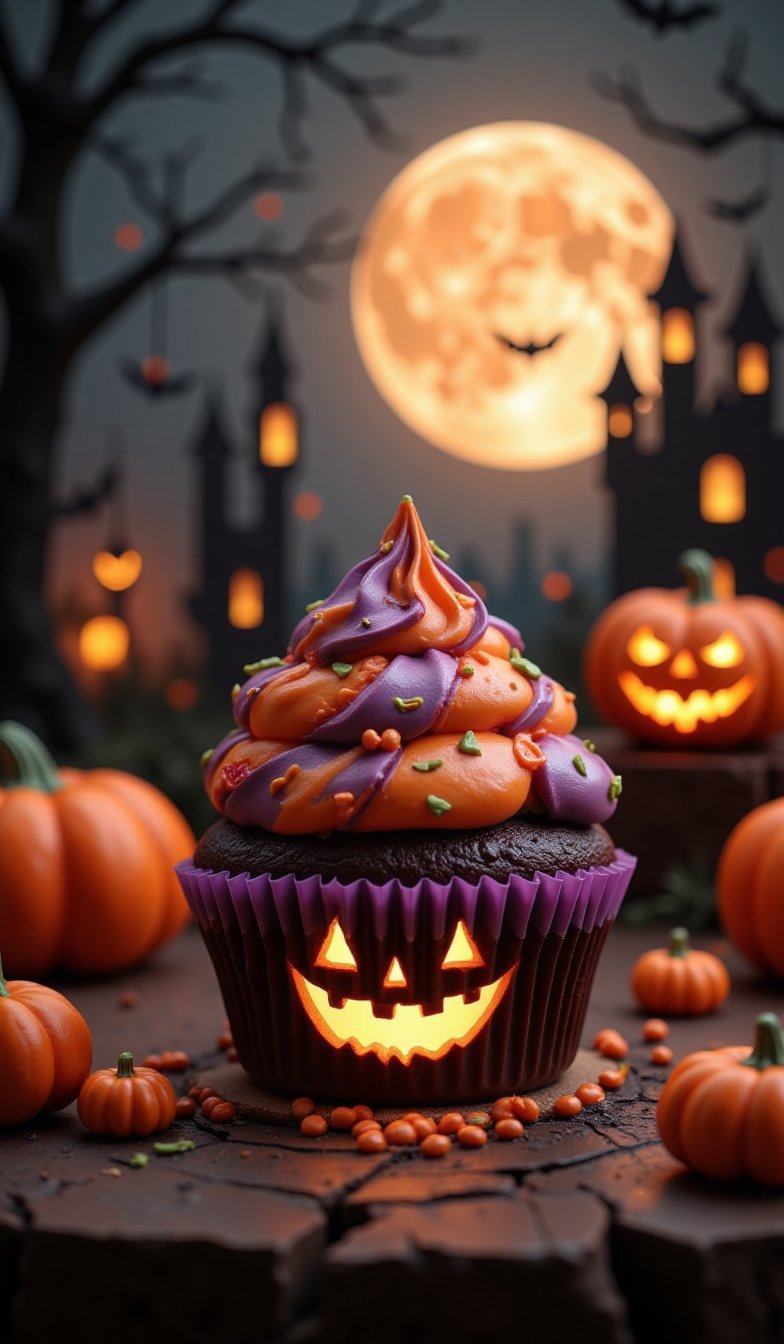 Dark chocolate-based cupcake is placed in a dark Halloween atmosphere. Bright purple and orange cream is swirled on top of the cupcake, some of which are accented with green lines. Small orange pumpkin decorations are scattered around the cupcake. Several jack-o'-lanterns are placed in the background, with spider webs and Halloween decorations hanging behind them. A full moon is visible, and silhouettes of bats are flying. The overall color scheme is dark, with weak moonlight, making the cupcake and pumpkin stand out. Photographic details emphasize the contrast of light and shadow. The background is a spooky atmosphere with dark gray and black tones. The focus is on the details of the jack-o'-lantern, and the face is designed to be a little scary but also cute.Halloween_Figure,VNS_Add more details