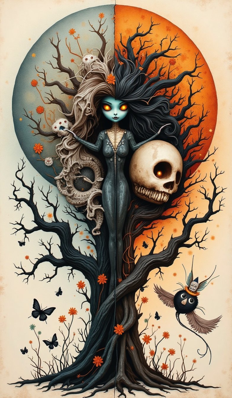 Highly detailed Halloween style figure, closed art with yin and yang parts, double exposure, yin and yang divided, one side is day, fairy, one side is night, creepy and strange creatures, , Claora, Andy Kehoe, flat, cute, vintage , cracked paper art, detailed fairy tale illustrations, luminance, pen and ink, surrealist concept art, Halloween_Figure