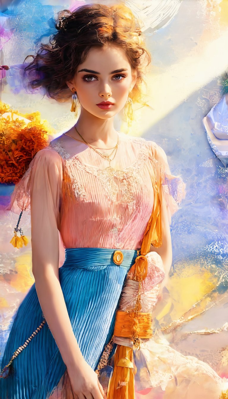 (1girl, a mix of vintage and modern fashion, unique accessories, a matching background, beautiful and dramatic lighting), Detailed texture, High quality, High resolution, High precision, Realism, Color correction, Proper lighting settings, Harmonious composition, Behance Works,detail-rendering,Watercolor