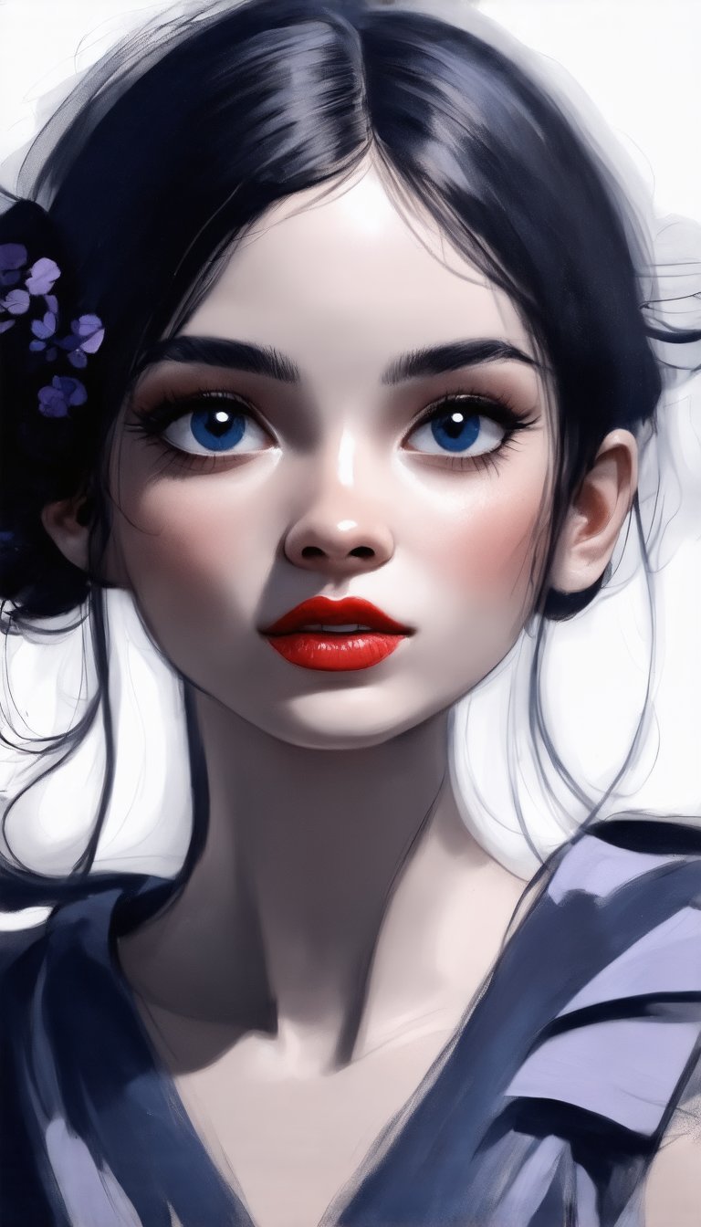 (A minimalist sketch from the 1920s, rendered in gouache, pencil, and ink, captures a stunningly beautiful and delicate face with large eyes. The piece features a gouache wash and calligraphic lines, with a color palette of lavender, slate, and blue, highlighted by a striking red lip.), detailed texture, high quality, high resolution, high accuracy, realism, color correction, good lighting settings, harmonious composition, Behance Works, 1girl_neo