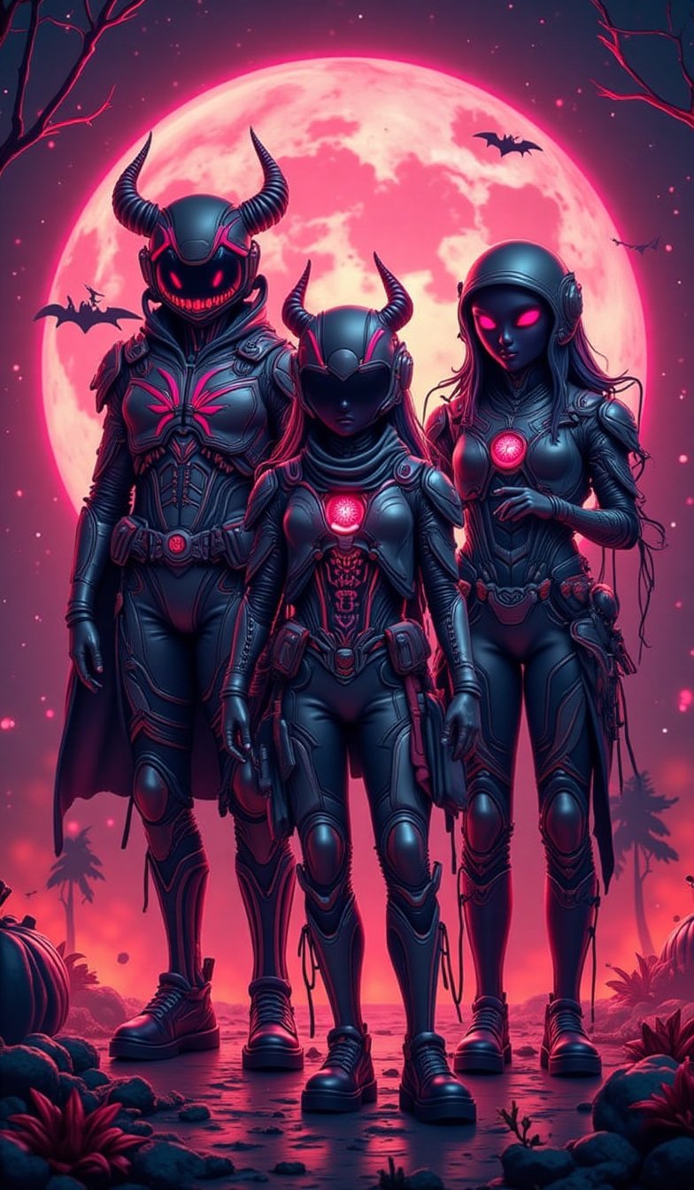 Mobile suits, Halloween style coloring, unparalleled unique designs, 🎃, neon outlines, futuristic space background,Halloween_Figure