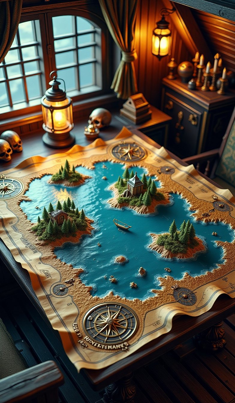 Stunning 3D illustration of a pirate sea chart from the Age of Exploration. The map is meticulously detailed, with coastlines embossed and ocean waves visible in the blue-tinted seas. Key locations, such as hidden islands, are elevated like miniature models, with small forests, mountains, and treasure caves. Intricate compass roses and wind directions are highlighted in gold ink, adding a sense of historical authenticity. Pirate symbols, like skulls and crossbones, are scattered subtly across the map. The lighting is soft and warm, as if illuminated by a flickering lantern, casting gentle shadows on the table where the map is placed. The scene is set in an old wooden pirate ship's cabin, with dark wood beams and subtle nautical elements in the background,pirateskullXthejaa