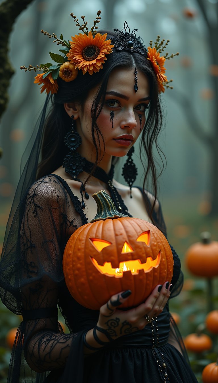 The artwork conjures a vision of a ghostly pumpkin bride, her visage marked by black tears and a tattered bridal gown. This scene is rendered with subtle illumination that enhances the horror, creating a dark and haunting atmosphere. The piece boasts a film grain texture, achieving a level of hyperrealism that is both ultra-detailed and luminous. Inspired by the styles of WLOP and Craola, it transports the viewer to a mystical wonderland filled with flowers, fantasy, and glitter. The complex background, dynamic lighting, and intricate pose contribute to a digital painting that is not only highly detailed and cute but also features delicate filigree work, showcasing the best quality of artistry,VNS_Add more details