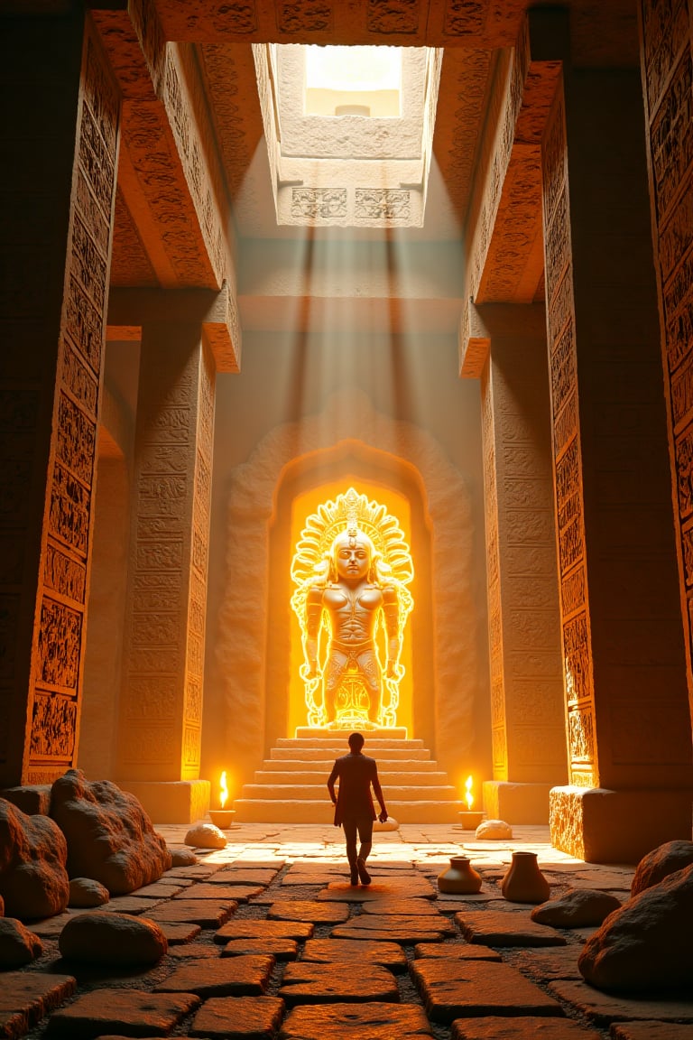 An epic underground hall within a mysterious Aztec temple,  filled with glowing golden treasures and ancient artifacts. Ma...