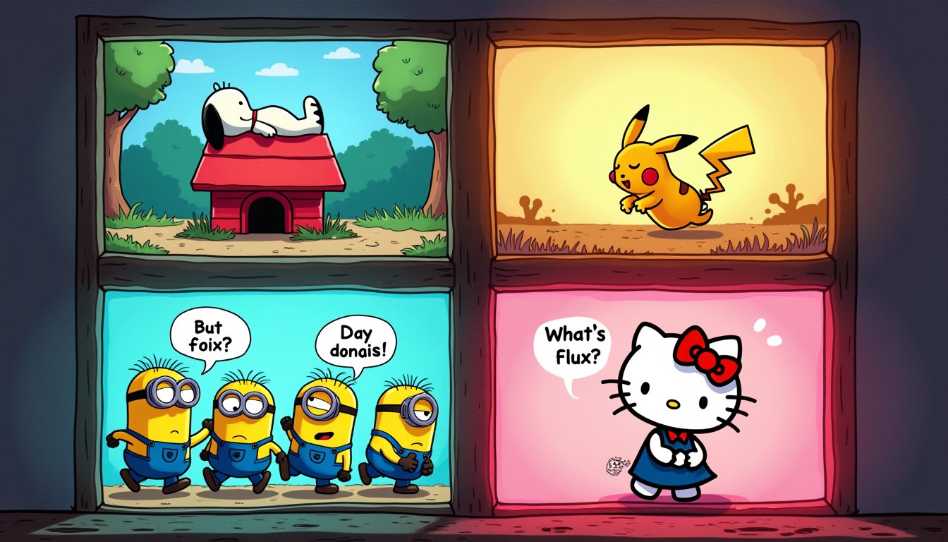 The screen is divided into four frames of random size and a four-panel comic is drawn. The first frame shows Snoopy nappin...