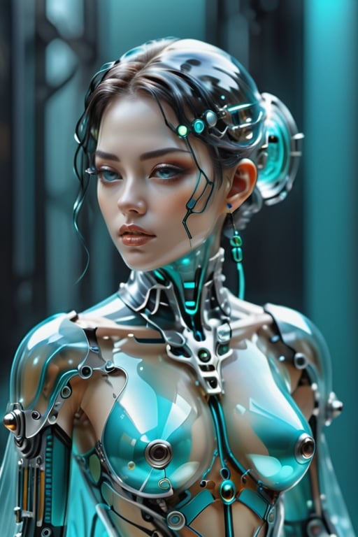 Glass super detailed translucent super super detailed, hyper realistic cyborg gothic girl, Tiffany Blue, forward facing, gothic style, high tech cyborg girl in translucent layered kimono, cyberpunk style, micro details, clear glass intricate details, beautiful Portrait of a person, elegant, highly detailed, digital painting, cyborg style, clear glass skin