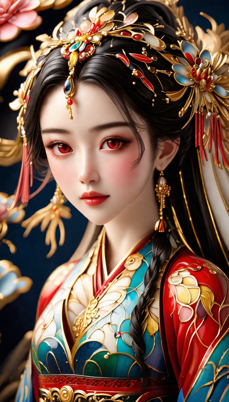 (Beautiful female, cloisonné, and the most beautiful work ever created under the supervision of Yoshitaka Amano), Detailed Textures, high quality, high resolution, high Accuracy, realism, color correction, Proper lighting settings, harmonious composition, Behance works,belle