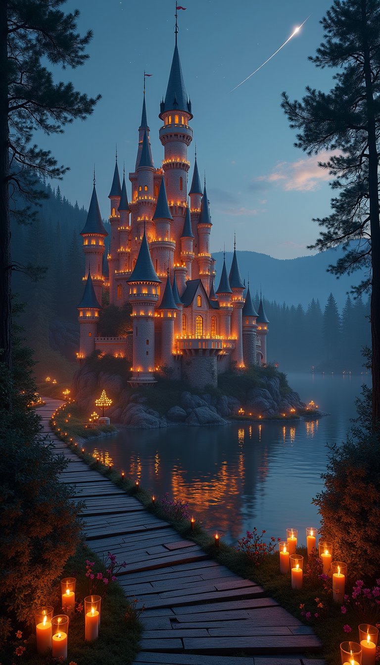 Magnificent castle made of candles stands tall in a vast forest shrouded in the darkness of night. The castle walls and towers are covered with countless candles, illuminating the surroundings with soft light. The candle flames sway in the wind, creating a fantastic atmosphere. A lake sparkling with the reflection of light spreads around the castle, and the castle's beautiful silhouette is reflected on the lake's surface. The sky is filled with stars, and a shooting star draws a streak of light. An ancient stone bridge spans the entrance to the castle, and candlelight is lined on both sides of the bridge. Inside the castle, luxurious chandeliers and candle stands are placed, and warm light envelops the entire room. In the castle's courtyard, a beautiful garden decorated with candles spreads out, and colorful flowers are in full bloom. A candle castle exudes a fantastic and romantic atmosphere.