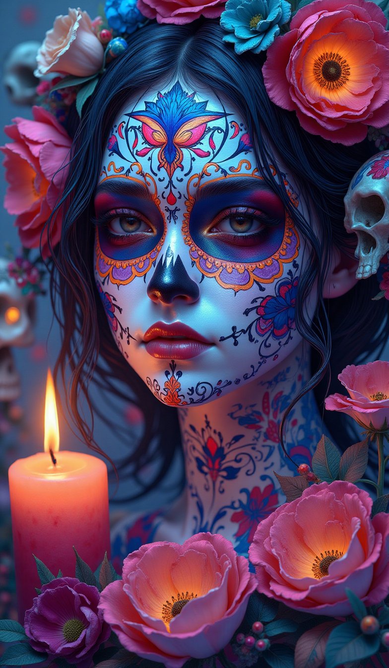 Vibrant sugar skull makeup for Halloween, inspired by Día de los Muertos. A female model with her face painted in intricate, colorful patterns resembling a skull, with roses and marigolds woven into her hair. The background is filled with glowing candles, skulls, and festive decorations. Bright blues, pinks, and oranges dominate the color palette. The overall atmosphere is festive, yet slightly eerie, with a blend of traditional Mexican elements and a celebratory mood.VNS_Add more details,emoart