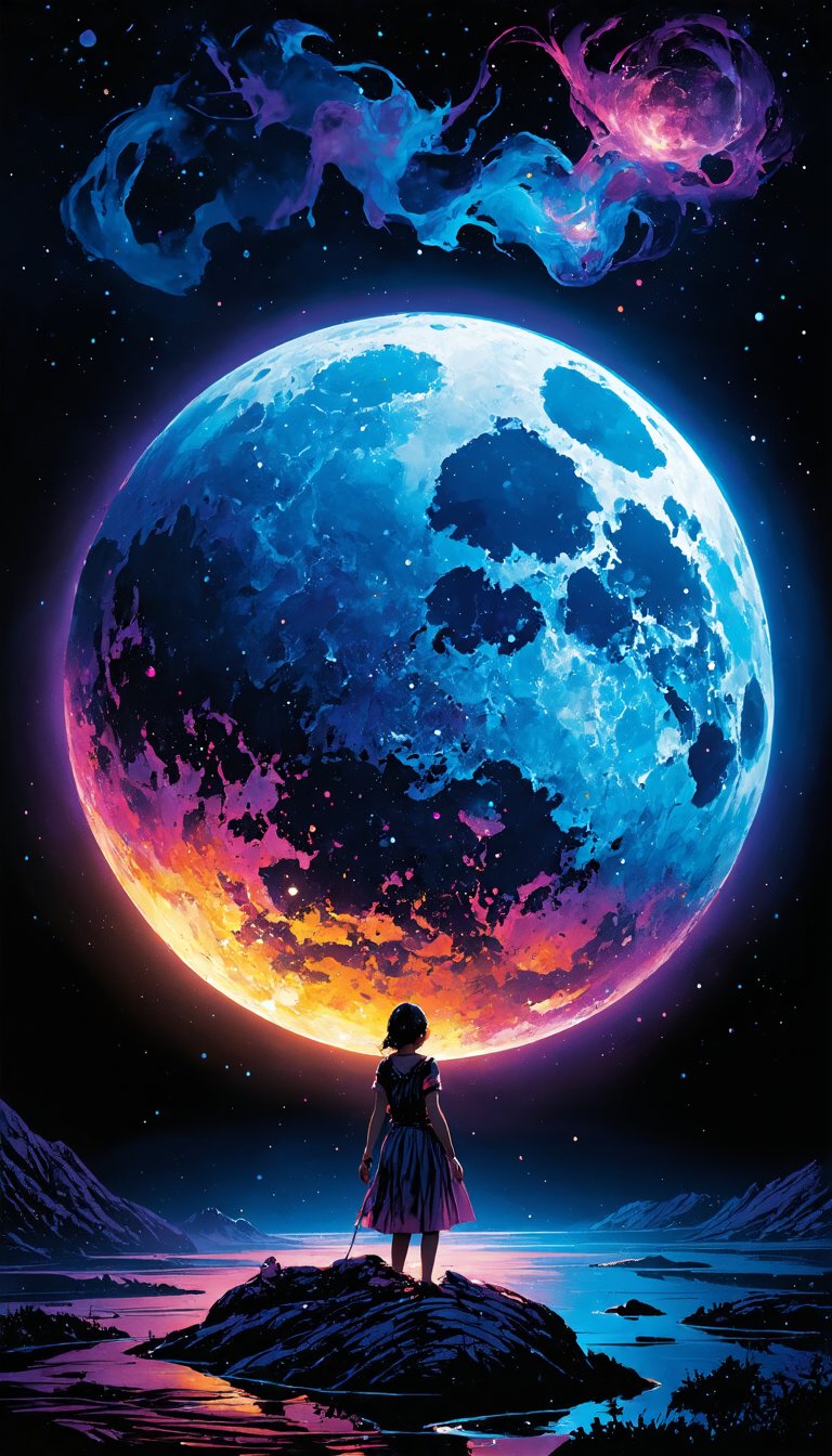 (Envision a moon imbued with eerie magic, a fantasy realm that is dark yet vibrant, colorful, and intricately detailed. Imagine it as a vapor-like, radiant, and magical cosmic mosaic, reminiscent of sci-fi, crafted in the style of Van Gogh. This is a world of Pop Surrealism, rendered in 32k resolution, whimsical and intricate, influenced by the art of Shusei Nagaoka, Ralph Angus McQuarrie, and Luis Royo, marked by surreal, hallucinatory clarity and sharp focus), Detailed Textures, high quality, high resolution, high Accuracy, realism, color correction, Proper lighting settings, harmonious composition, Behance works,majien