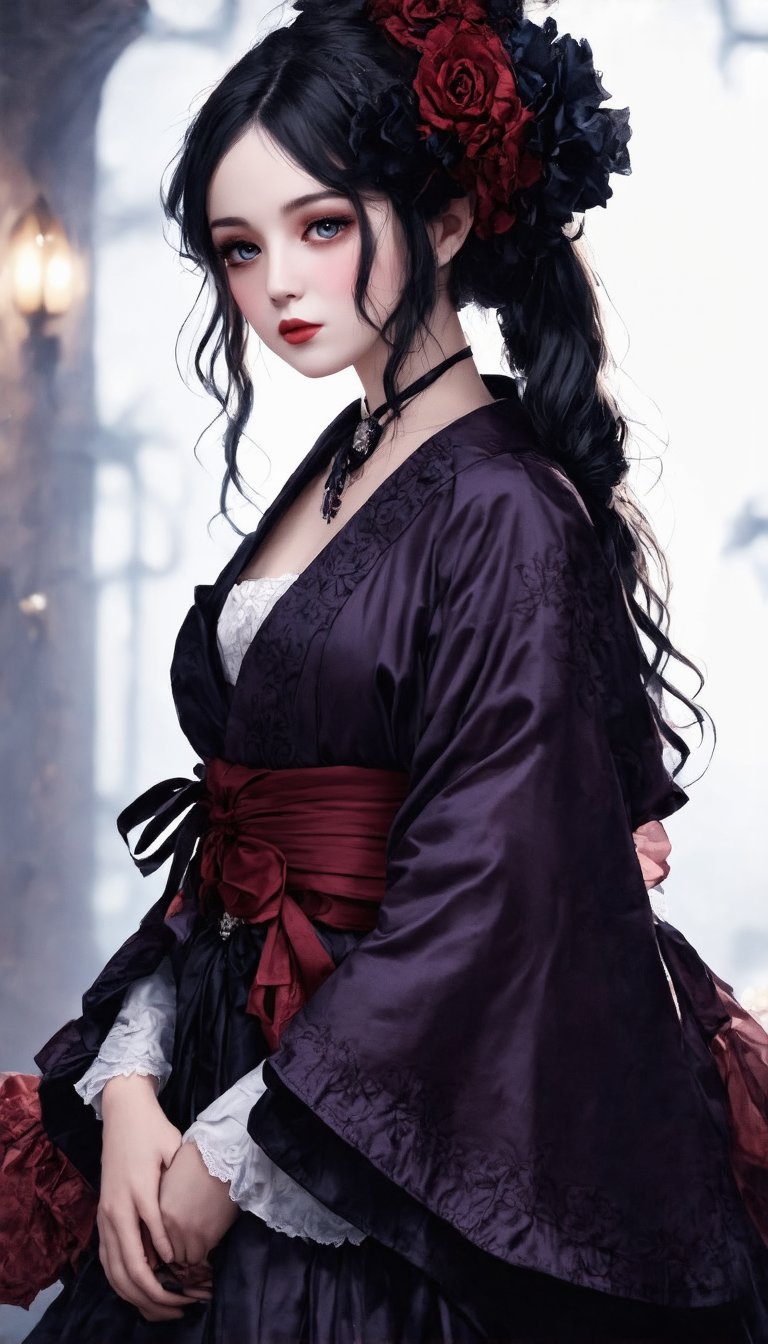 (Cute, a fusion of traditional Japanese beauty and Gothic Lolita fashion. A fusion of elegant kimono silhouettes and the dark charm of Gothic elements. The ornate sash and corset bodice are adorned with elaborate lace trim in deep, rich colors, and accessories such as knobs and hairpins with lace and ribbons create a Victorian-inspired atmosphere, while traditional Gothic motifs create a Victorian-inspired atmosphere. The color palette of the intricate hairpiece leans towards deep purples, blacks and blood reds, creating a striking contrast against the delicate fabric. White face makeup and dark, dramatic eye makeup create a look that combines the elegance of traditional Japanese beauty with the mysterious elegance of Gothic fashion. The result is a fascinating and unique style that seamlessly blends the extravagance of Japanese tradition with the dark romanticism of Gothic Lolita and retro ink.), detailed texture, high quality, high resolution, high accuracy, realism, color correction, good lighting settings, harmonious composition, Behance Works, 1girl_neo