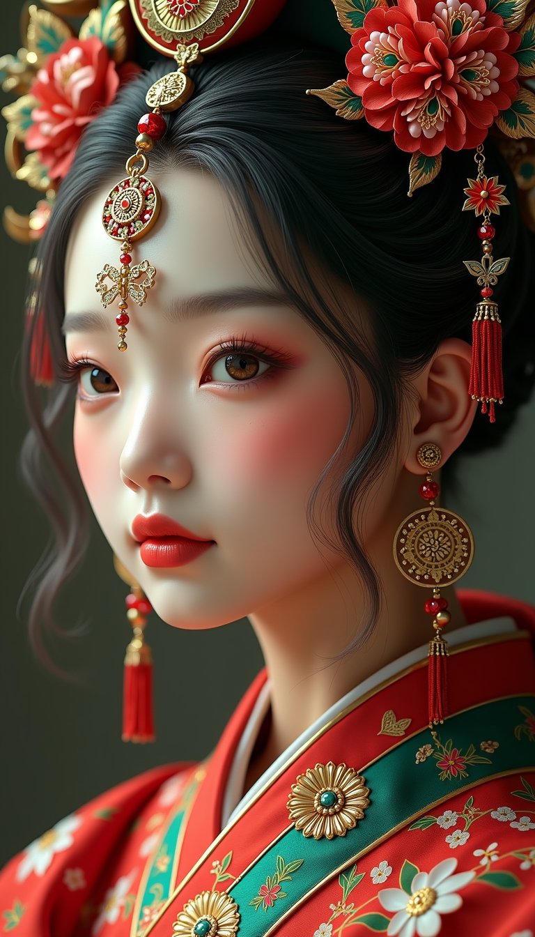 (Beautiful female, cloisonné, and the most beautiful work ever created under the supervision of Yoshitaka Amano), Detailed Textures, high quality, high resolution, high Accuracy, realism, color correction, Proper lighting settings, harmonious composition, Behance works