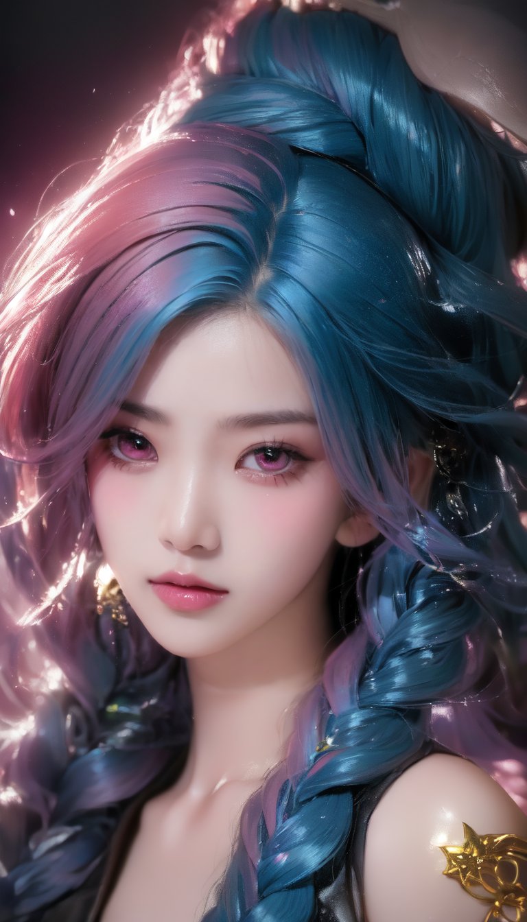 (Light on K-pop girl with blue face. She has pink eyes and twin braided blue hair, standing in portrait. The style is very delicate and beautiful art, pastel colors, high resolution, 4K, inspired by Jinx from League of Legends.), Detailed Textures, high quality, high resolution, high Accuracy, realism, color correction, Proper lighting settings, harmonious composition, Behance works,NJI BEAUTY,noir,Goth