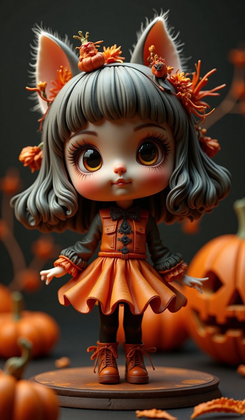 Highly deformed, bobblehead-style figurine diorama. A stunning photograph that embodies the rococo-punk art style, featuring a wide-eyed cat girl in a Halloween pumpkin-themed outfit. The darkness surrounding her is illuminated by meticulous lighting from a soft box, capturing every intricate detail with clarity. Reflecting Greg Rutkowski's outstanding catalog design, this piece was a hit on Artstation and would be perfect for the cover of a high-end fashion magazine,Halloween_Figure