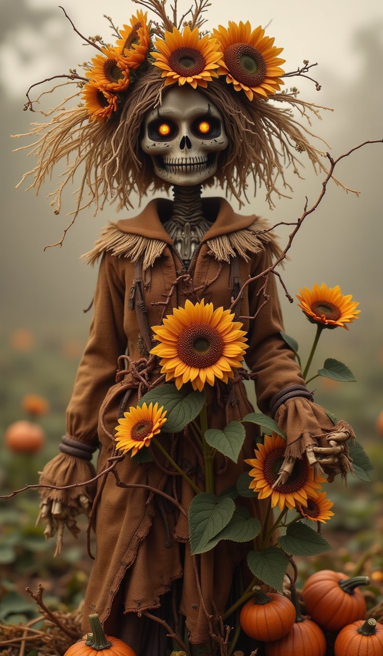 Hauntingly beautiful scarecrow with a skeletal face, hollow eyes glowing faintly, detailed facial features resembling a skull. The scarecrow is adorned with large vibrant sunflowers and small pumpkins intertwined with dry, twisted vines. Its clothes appear tattered but artfully arranged, with an autumnal theme, worn down yet majestic. The scarecrow stands tall with straw-like hair blowing in the wind, surrounded by a misty, desaturated background that emphasizes the figure's eerie yet elegant presence. The lighting is soft and warm, highlighting the contrast between the scarecrow's dark tones and the bright flowers.,VNS_Add more details,create figure 2