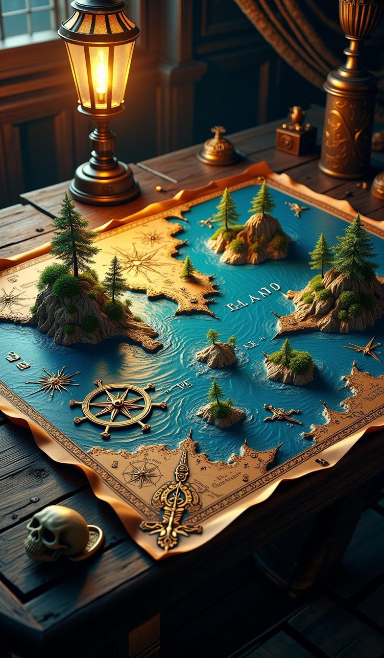 Stunning 3D illustration of a pirate sea chart from the Age of Exploration. The map is meticulously detailed, with coastlines embossed and ocean waves visible in the blue-tinted seas. Key locations, such as hidden islands, are elevated like miniature models, with small forests, mountains, and treasure caves. Intricate compass roses and wind directions are highlighted in gold ink, adding a sense of historical authenticity. Pirate symbols, like skulls and crossbones, are scattered subtly across the map. The lighting is soft and warm, as if illuminated by a flickering lantern, casting gentle shadows on the table where the map is placed. The scene is set in an old wooden pirate ship's cabin, with dark wood beams and subtle nautical elements in the background,pirateskullXthejaa