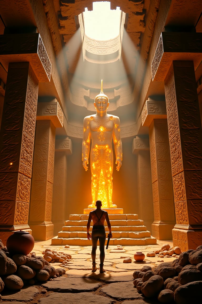 An epic underground hall within a mysterious Aztec temple,  filled with glowing golden treasures and ancient artifacts. Ma...