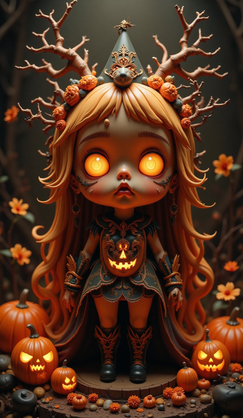 Highly deformed, bobblehead-esque diorama. Featuring a very large, wide-eyed character with an anthropomorphic jack-o'-lantern and Halloween pumpkin-themed costume, this stunning photograph embodies the baroque punk art style. The darkness around the character is illuminated by meticulous lighting from a softbox, capturing the intricate details with clarity. Reflecting the great catalog designs of famous artists, this piece was a hit on Artstation and would be perfect for the cover of the high-end fashion magazine "Halloween_Figure".VNS_Add more details