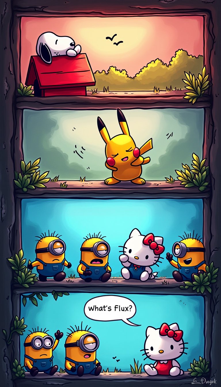 The screen is divided into four frames of random size and a four-panel comic is drawn. The first frame shows Snoopy nappin...
