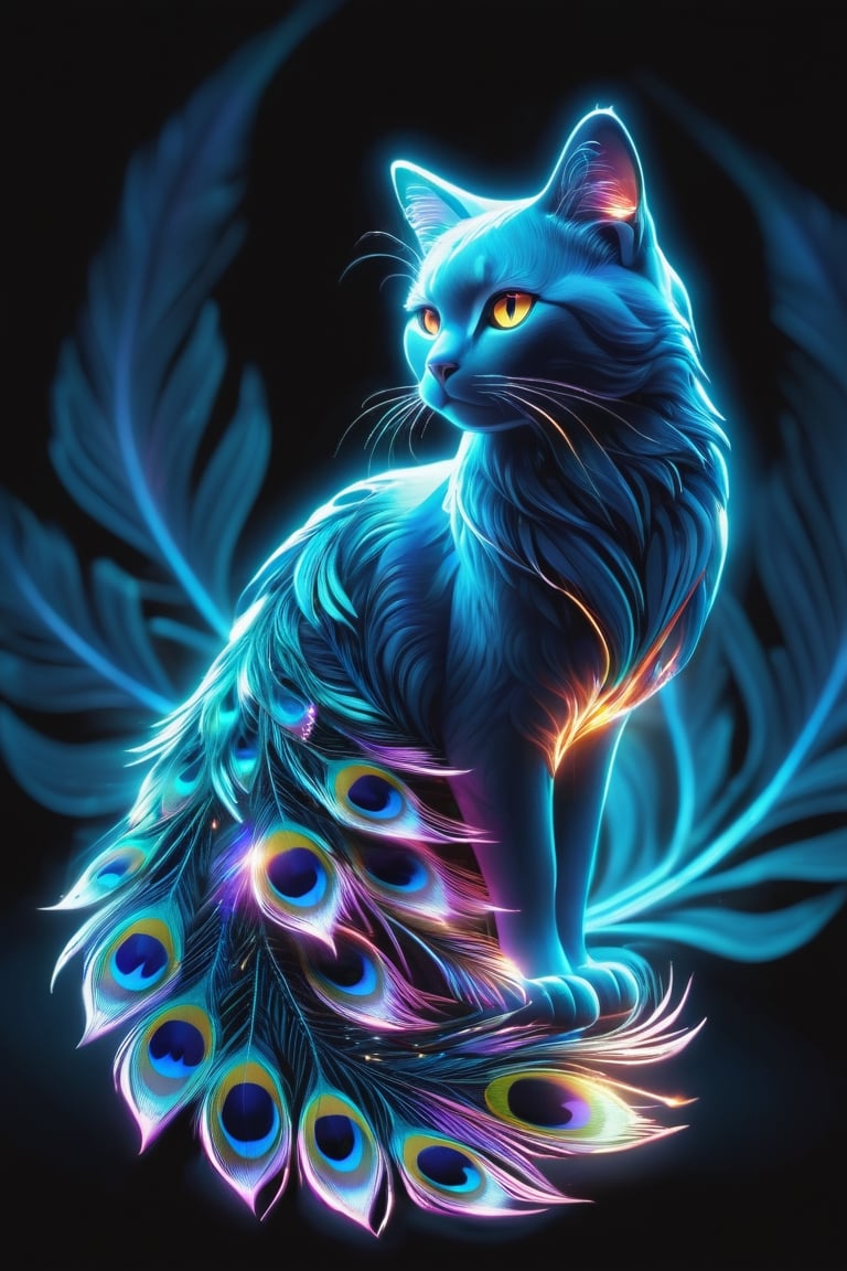 (Fractal isometric detailed bioluminescence with neon, open peacock feather, cat turned goddess, balanced contrast of light and dark, dazzling background), detailed texture, high quality, high resolution, high precision , realism, color correction, proper lighting settings, harmony composition, Behance works, neon style,galaxy00