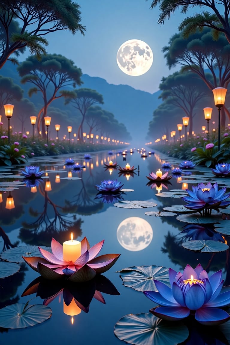 Quiet Thai river at night during Loy Krathong festival,  blue lotus flowers floating on the water and delicate krathongs w...