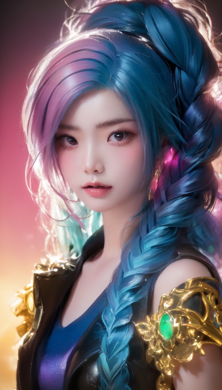 (Light on K-pop girl with blue face. She has pink eyes and twin braided blue hair, standing in portrait. The style is very delicate and beautiful art, pastel colors, high resolution, 4K, inspired by Jinx from League of Legends.), Detailed Textures, high quality, high resolution, high Accuracy, realism, color correction, Proper lighting settings, harmonious composition, Behance works,NJI BEAUTY,noir,Goth