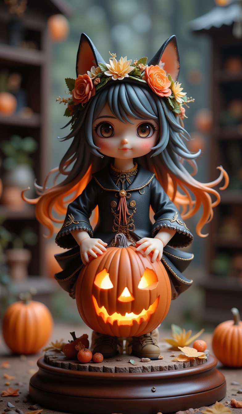 🎃Seasonal Halloween figure diorama. Surreal Grimm fairy tale, unique characters, mysterious creature, high-key lighting, bright background, very surreal, shocktober, surprises, horror, anticipation, children's hopes and fears, little pranks, a festival of accidental creatures, energetic neo-noir-inspired backdrops, and beautiful, memorable photos,VNS_Add more details,cool_Anime,create figure 2