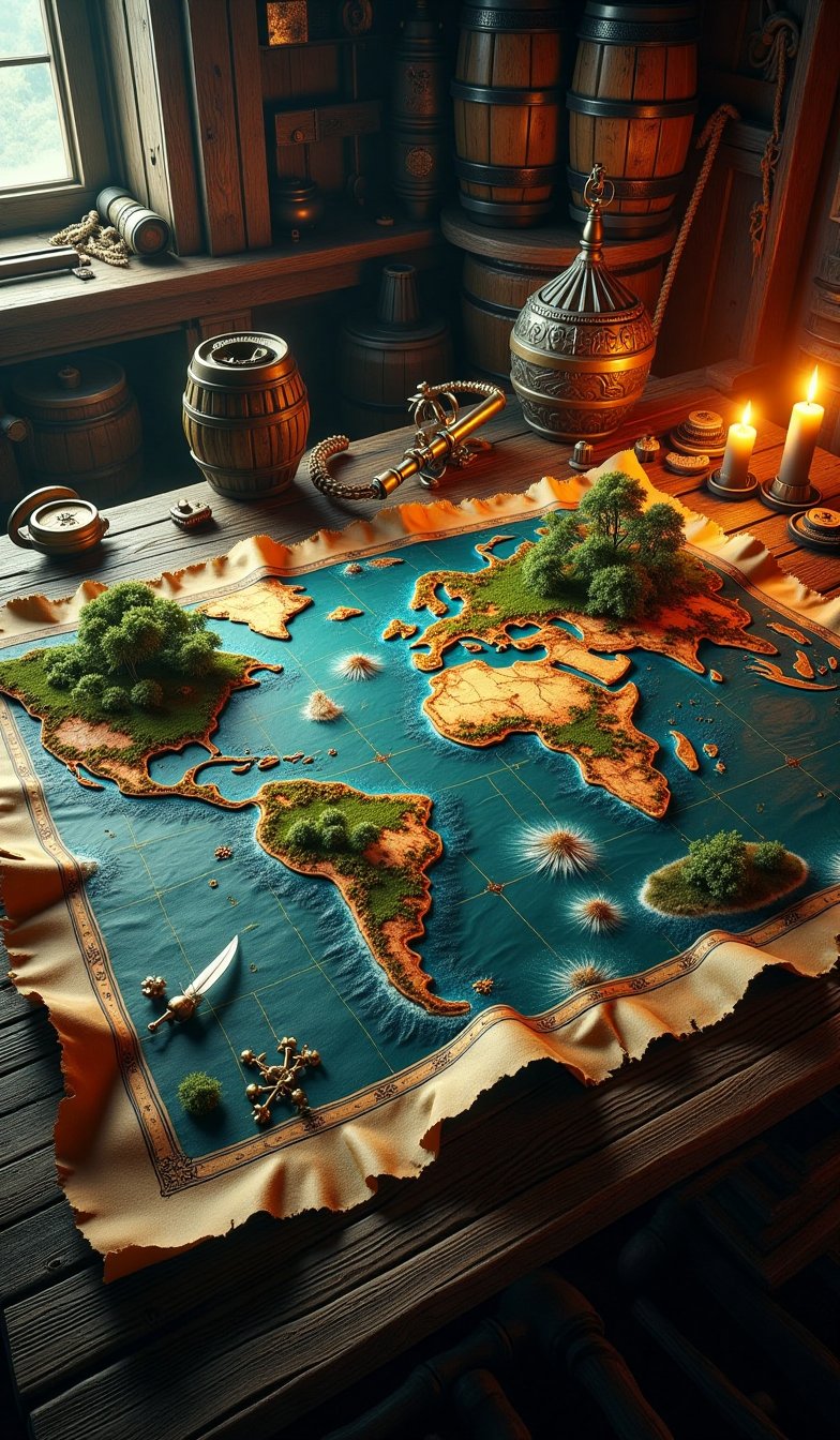 Detailed 3D representation of an ancient pirate map from the Age of Exploration. The map is spread out on a wooden table with nautical tools like a brass compass, old-fashioned telescope, and a quill. The ocean areas are slightly raised, showing waves and currents with stunning details, while islands are carved out with lush greenery and mountains. Treasure routes are marked with vivid red lines, leading to a prominent "X" marked in gold, glittering under the warm glow of candlelight. The map is surrounded by old parchment edges, weathered and tattered, with a slight sepia tone. The background is a dimly lit pirate's cabin, filled with barrels, ropes, and other maritime artifacts,pirateskullXthejaa