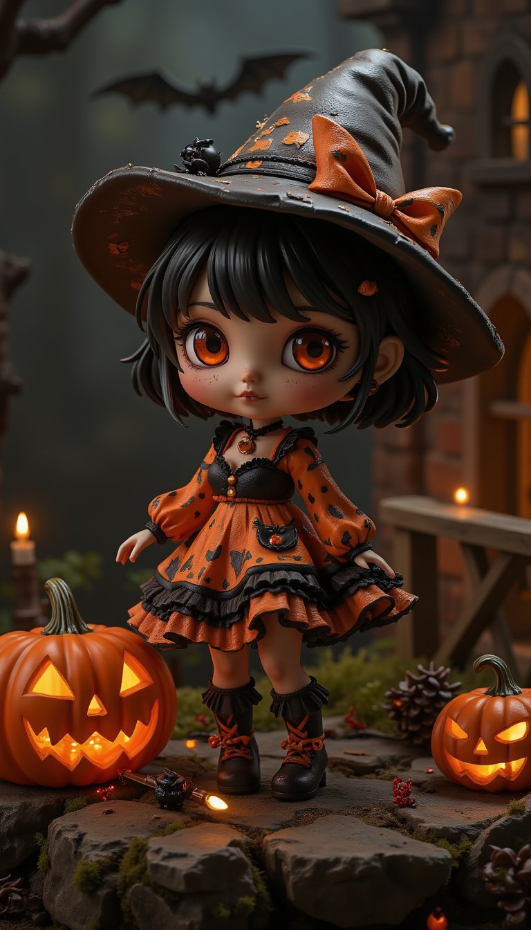 Seasonal figure diorama. It features Halloween-themed Wendy in a super-deformed style designed by YOKO TARO, a Halloween-themed background, and some scary lights., (Detailed Textures, high quality, high resolution, high Accuracy, realism, color correction, Proper lighting settings, harmonious composition, Behance works),VNS_Add more details,Resin