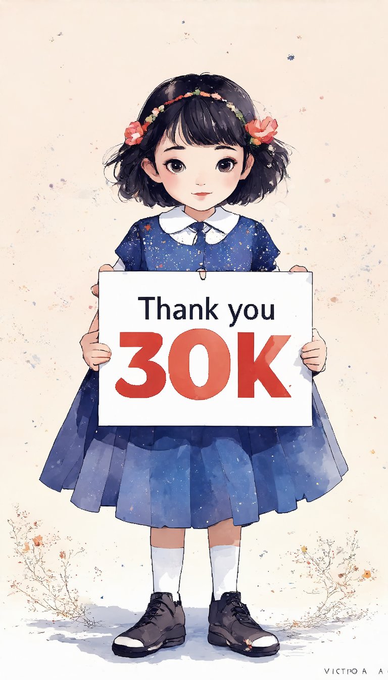 (A very cute girl. She is holding a big sign in both hands that says "Thank you 30k♥". The background is cute with light tones in the style of Victo Ngai), detailed texture, high quality, high resolution, high precision, realism, color correction, proper lighting settings, harmonious composition, Behance work, Watercolor, text, text is ""