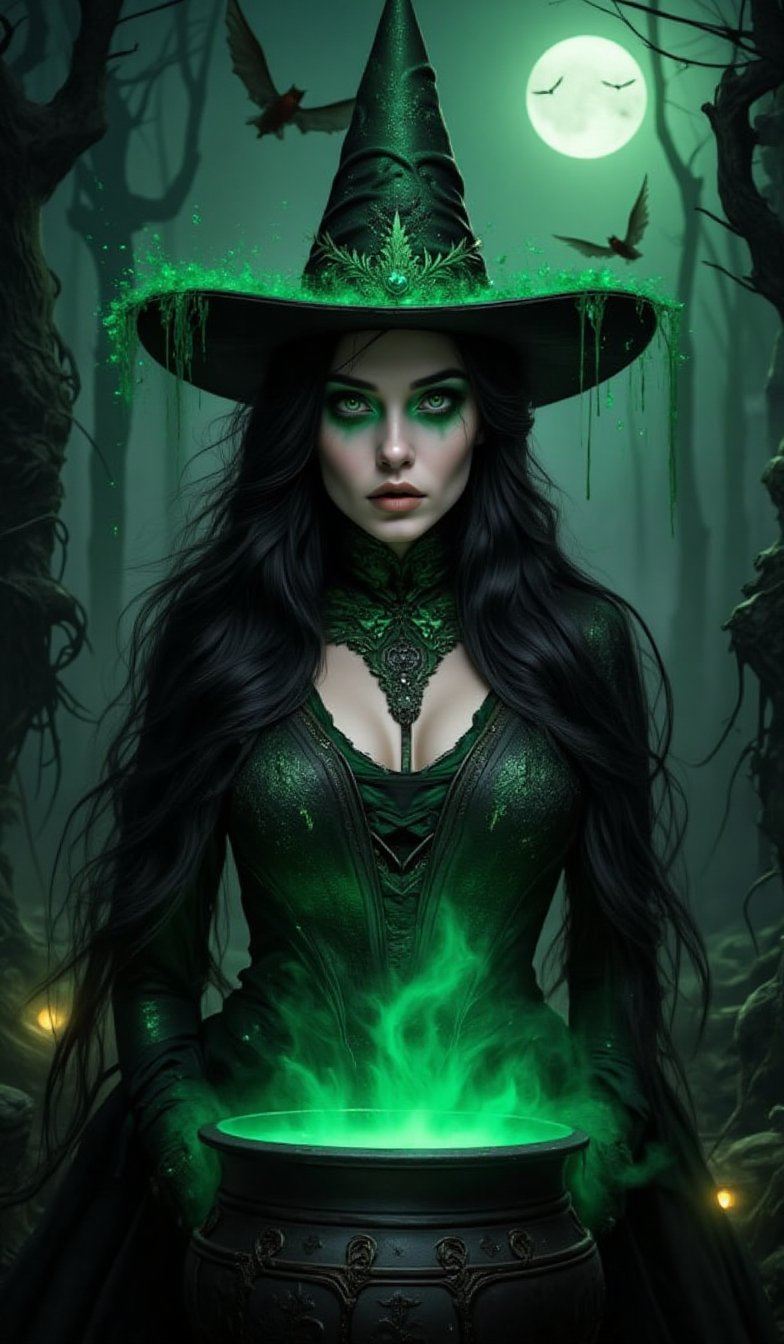 Witch-themed Halloween makeup look, focusing on dramatic eyes and green-tinted skin. The model has long flowing black hair, a pointed witch's hat, and glowing eyes. Her makeup is smoky and dark, with green hues around her eyes and sharp contouring. She is standing in front of a cauldron, with glowing green mist rising from it. The background features a spooky forest with twisted trees, bats flying in the night sky, and a full moon casting eerie shadows. The mood is dark, magical, and a little sinister.VNS_Add more details,Halloween makeup,cool_Anime