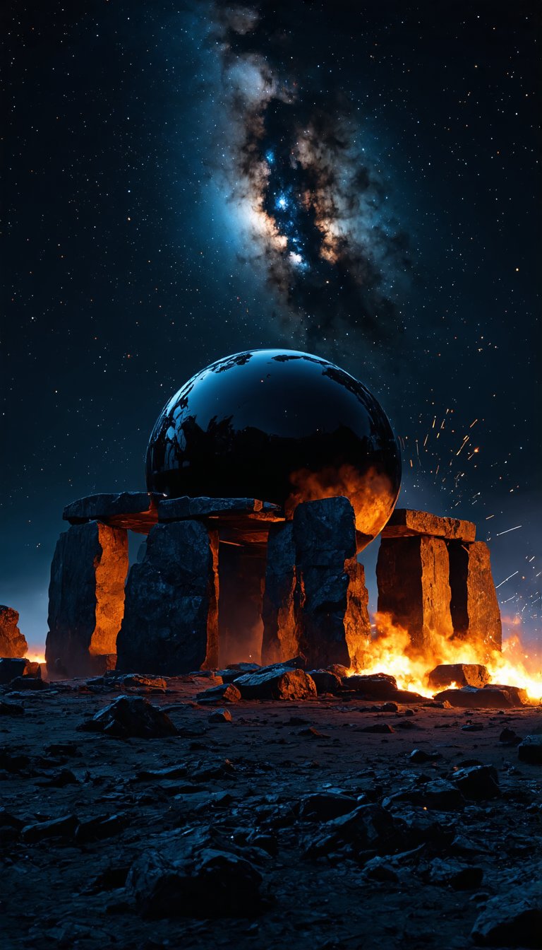 (A scene depicting Stonehenge composed of smooth black stones, with a central black orb cradling the Milky Way, set against the backdrop of a hostile alien planet. The night sky is adorned with the Orion nebula, rendered in a realistic, cinematic style reminiscent of a high-resolution Steven Spielberg epic. The sharp focus captures emitting diodes, swirling smoke, blazing artillery, and sparks. Technology merges with art as racks, system units, and motherboards integrate into the scene, inspired by the hyperrealistic works of Pascal Blanche and Rutkowski Repin from ArtStation, evoking the mysterious ambiance of a 'Blade Runner' universe), Detailed texture, High quality, High resolution, High precision, Realism, Color correction, Proper lighting settings, Harmonious composition, Behance Works