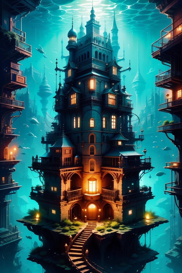 (A fantastic underwater city, its intricate buildings glistening in the dim light of the deep sea. Schools of exotic fish swim by, their scales catching the light, creating a dazzling sight. Seaweed and corals overtake the buildings and blend seamlessly into the city (into the marine environment), detailed textures, high quality, high resolution, high precision, realism, color correction, proper lighting settings, harmonious composition, Behance works,StackedCityAI