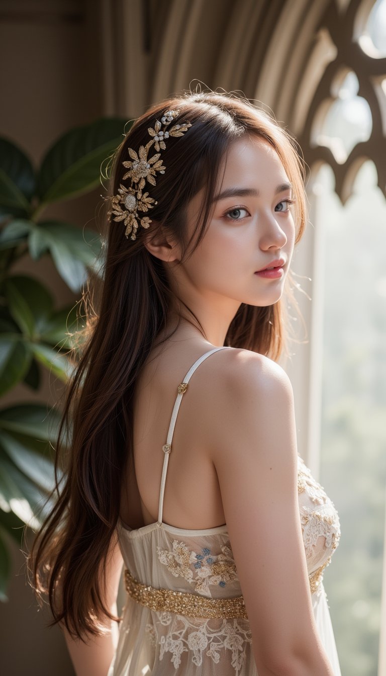 A close-up portrait of a young woman with long,  flowing golden-brown hair that cascades in loose waves down her back and...