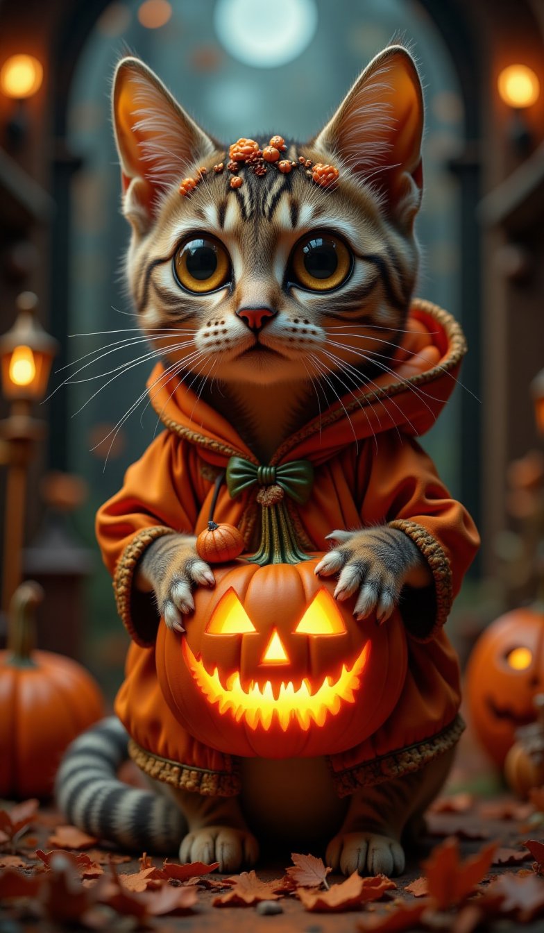 Highly deformed, bobblehead-esque diorama. A stunning photograph that embodies the baroque-punk art style, featuring a very large, wide-eyed cat dressed in a costume with a Halloween pumpkin as the main theme. The darkness around the cat is illuminated by meticulous lighting from a softbox, capturing the intricate details in sharp detail. Reflecting the great catalog designs of famous artists, this piece is a hit on Artstation and would be perfect for the cover of the high-end fashion magazine "Halloween_Figure".VNS_Add more details